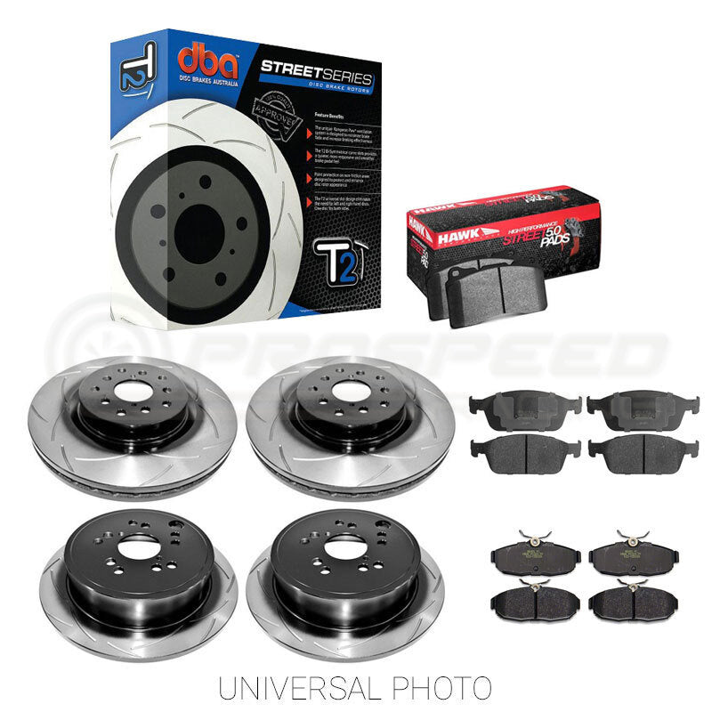 DBA T2 Slotted Front/Rear Rotors w/Hawk Performance HPS 5.0 Pads Subaru Liberty GT 04-09 | Pro Speed