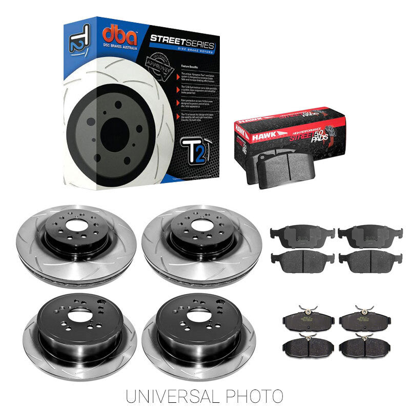 DBA T2 Slotted Front/Rear Rotors w/Hawk Performance HPS 5.0 Pads - Audi A3, TT/VW Golf Mk7 Inc GTI