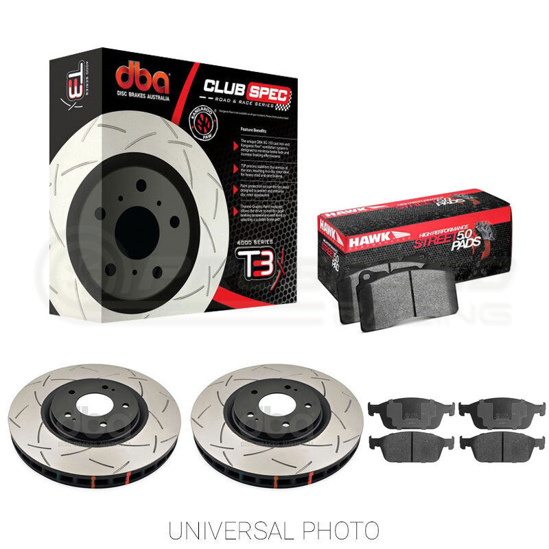 DBA T3 4000 Slotted Front Rotors w/Hawk Performance HPS 5.0 Pads - Audi A3, TT/VW Golf Mk7 Inc GTI