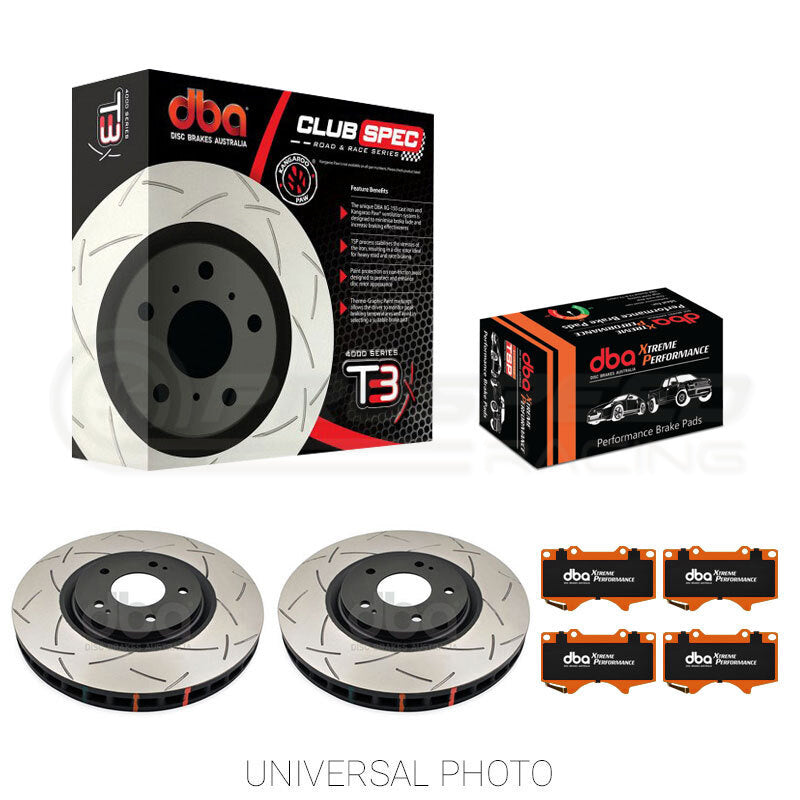 DBA T3 Slotted Front Rotors with DBA Xtreme Performance Pads WRX/STI 94-98/Impreza 94-00/Forester SF
