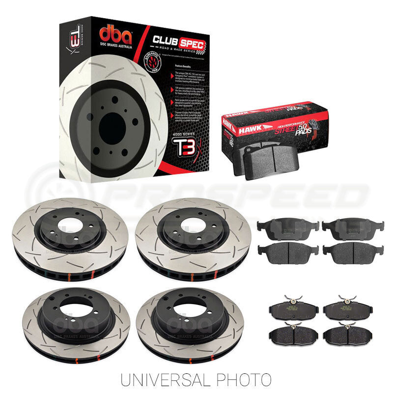 DBA T3 4000 Slotted Front/Rear Rotors w/Hawk Performance HPS 5.0 Pads - STI 08-17/BRZ/86 Brembo