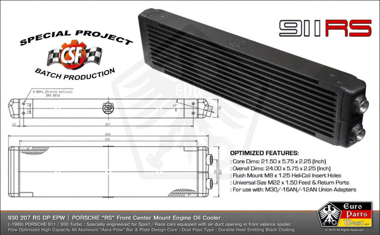 CSF Racing Universal Dual-Pass Oil Cooler - M22x1.5 Connections 24x5.75x2.16"
