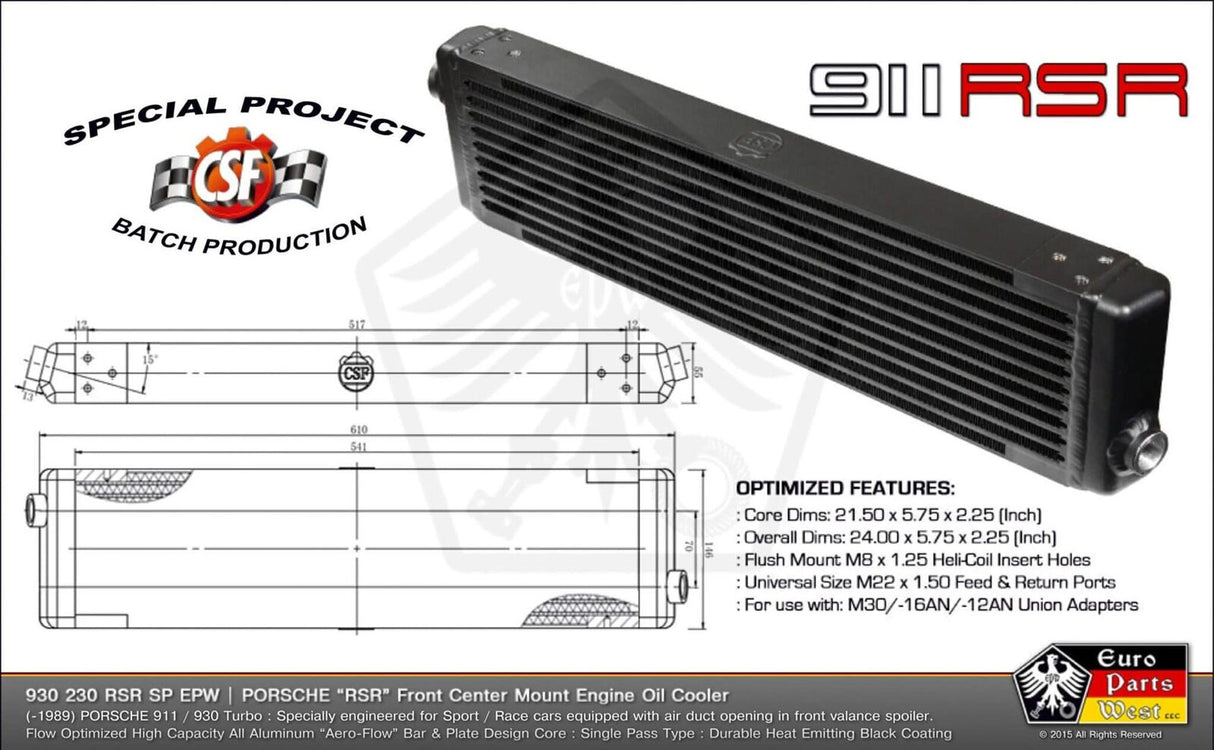 CSF Racing Universal Single-Pass Oil Cooler - M22x1.5 Connections 24x5.75x2.16"