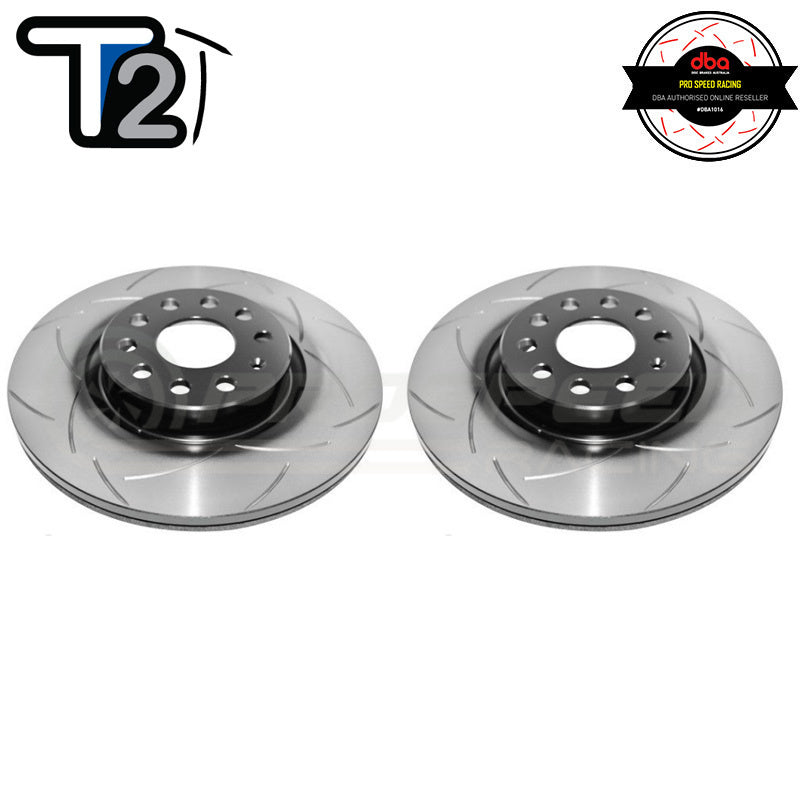 DBA T2 Street Series Slotted Front Rotors PAIR - Audi A1, A3, TT/VW Golf Mk5, Mk6, Mk7 DBA2806S