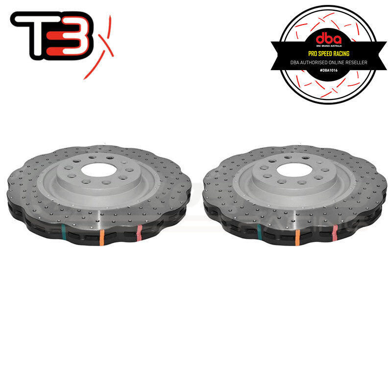 DBA T3 4000XD Wave Series Drilled/Dimpled Front Rotors - VW Golf GTI/R Mk7/Passat/Audi A3/S3/TT