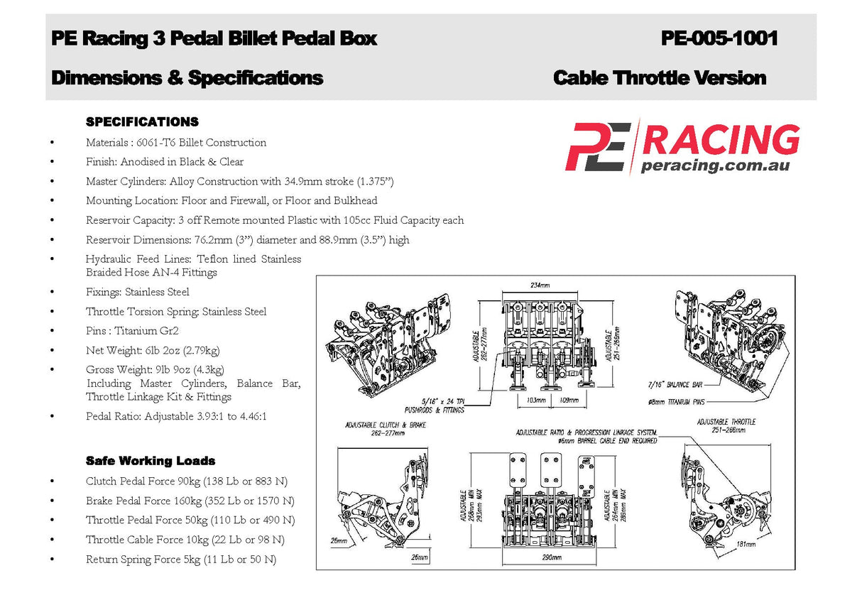 PE Racing Manual 3 Pedal Box - Billet
