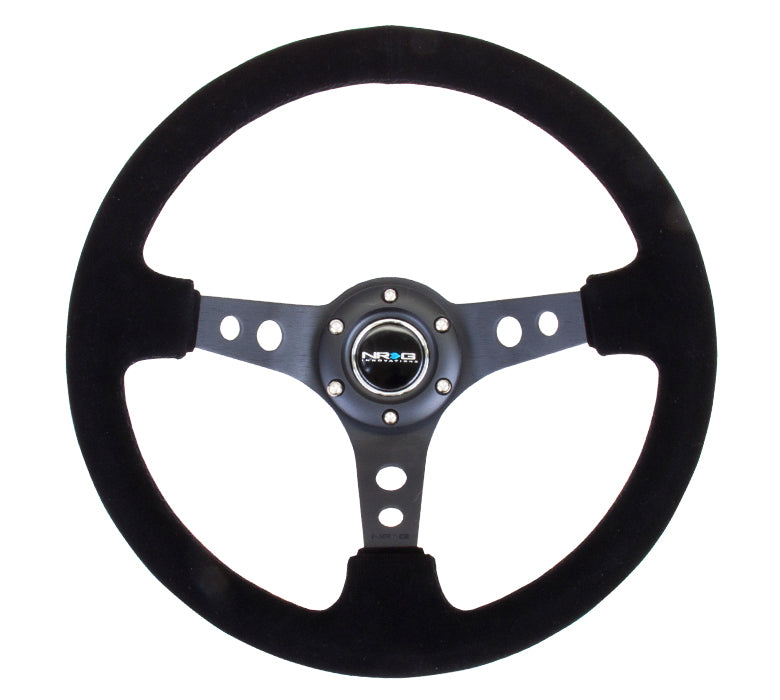 NRG Reinforced 350mm Sport 3" Deep Dish Steering Wheel - Black Hole Spoke/Black Suede/Black Stitch
