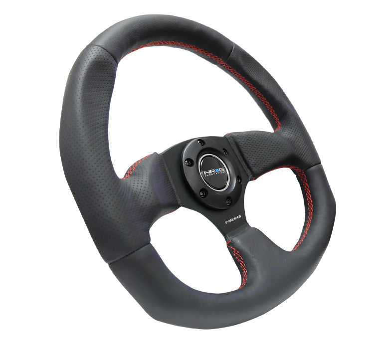 NRG Reinforced Flat Bottom Steering Wheel - Black Spoke/Black Leather/Red Stitch