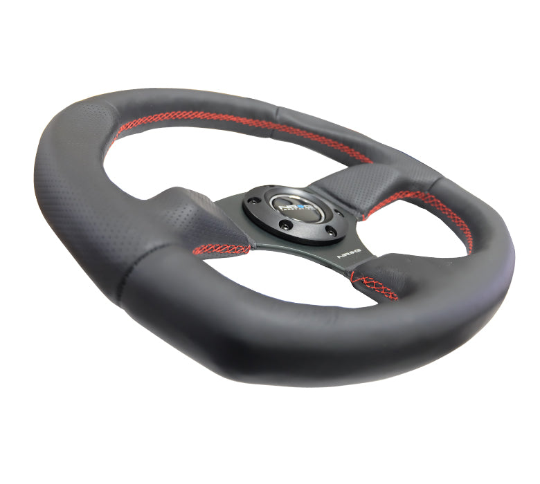 NRG Reinforced Flat Bottom Steering Wheel - Black Spoke/Black Leather/Red Stitch