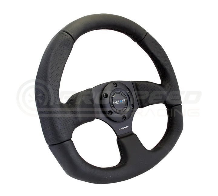 NRG Reinforced Flat Bottom Steering Wheel - Black Spoke/Black Leather/Black Stitch