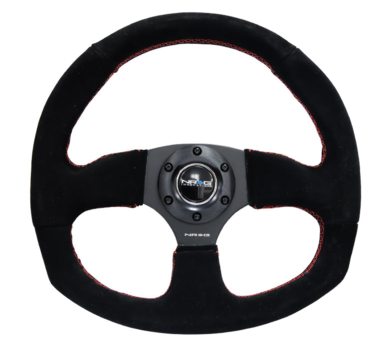 NRG Reinforced Flat Bottom Steering Wheel - Black Spoke/Black Suede/Red Stitch