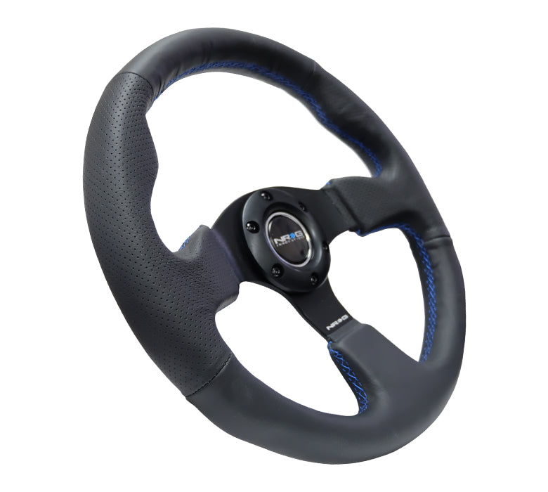 NRG Reinforced 320mm Race Steering Wheel - Black Spoke/Black Leather/Blue Stitch
