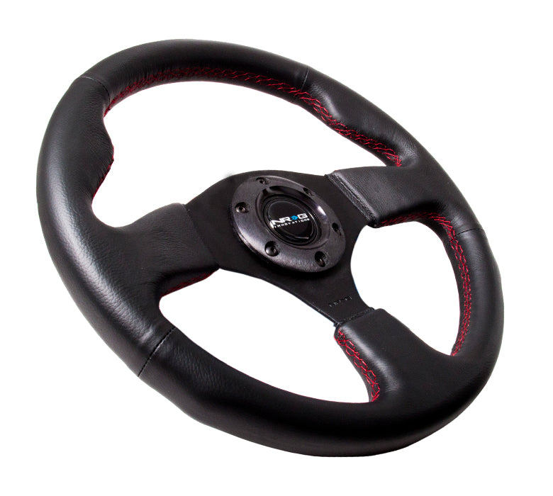 NRG Reinforced 320mm Race Steering Wheel - Black Spoke/Black Leather/Red Stitch
