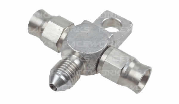 Raceworks 200 Series AN-3 Stainless Steel Teflon Hose End Tee to AN-3 Male Flare With Bracket