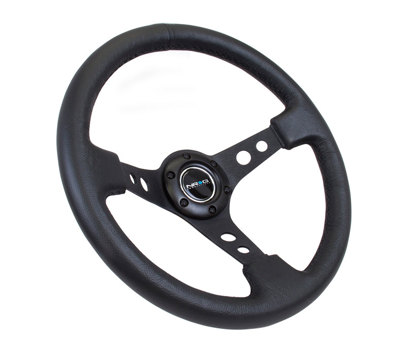 NRG Reinforced 350mm Sport 3" Deep Dish Steering Wheel - Black Hole Spoke/Black Leather/Black Stitch