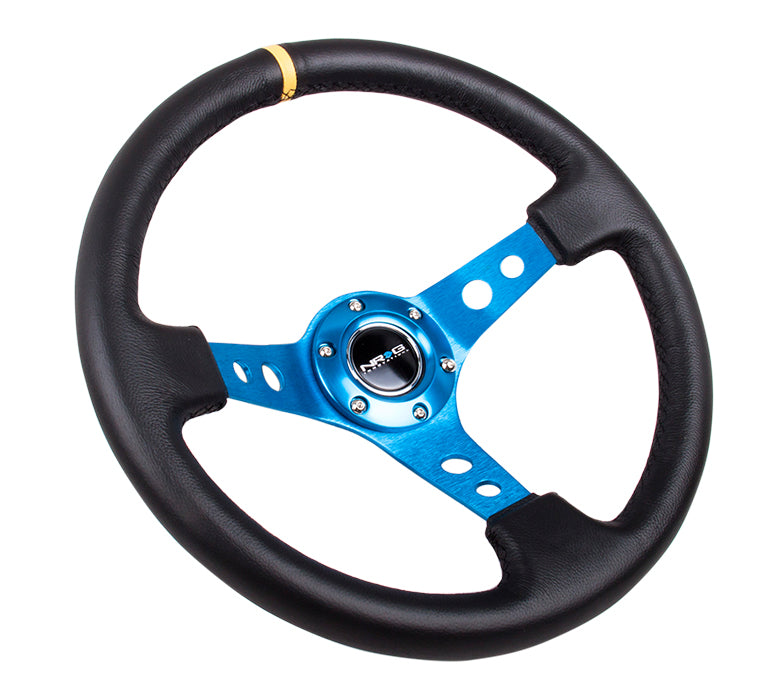 NRG Reinforced 350mm Sport 3" Deep Dish Steering Wheel - Blue Hole Spoke/Black Leather/Black Stitch w/Yellow Stripe