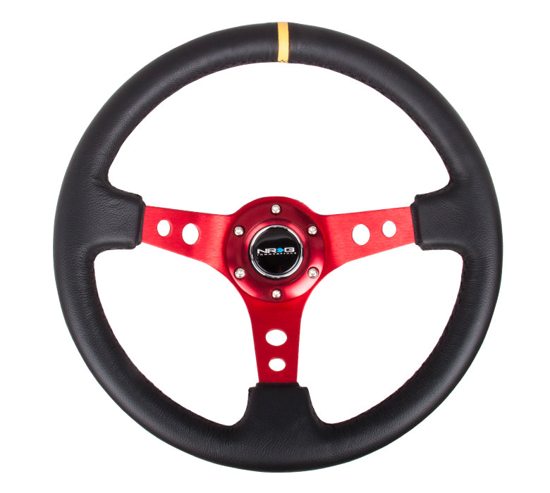 NRG Reinforced 350mm Sport 3" Deep Dish Steering Wheel - Red Hole Spoke/Black Leather/Black Stitch w/Yellow Stripe