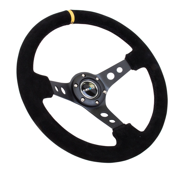 NRG Reinforced 350mm Sport 3" Deep Dish Steering Wheel - Black Hole Spoke/Black Suede/Black Stitch w/Yellow Stripe