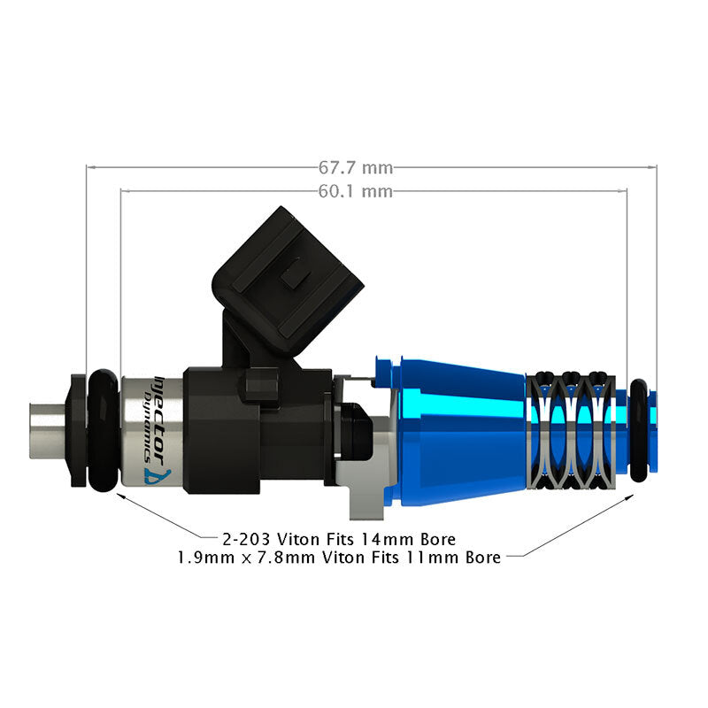 Injector Dynamics ID1300-XDS 60mm Single Injector w/11mm Blue Adaptor Top, 14mm Lower O-Ring
