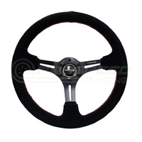NRG Reinforced Steering Wheel (350mm / 3in. Deep) Blk Suede w/Red Spokes w/Slits