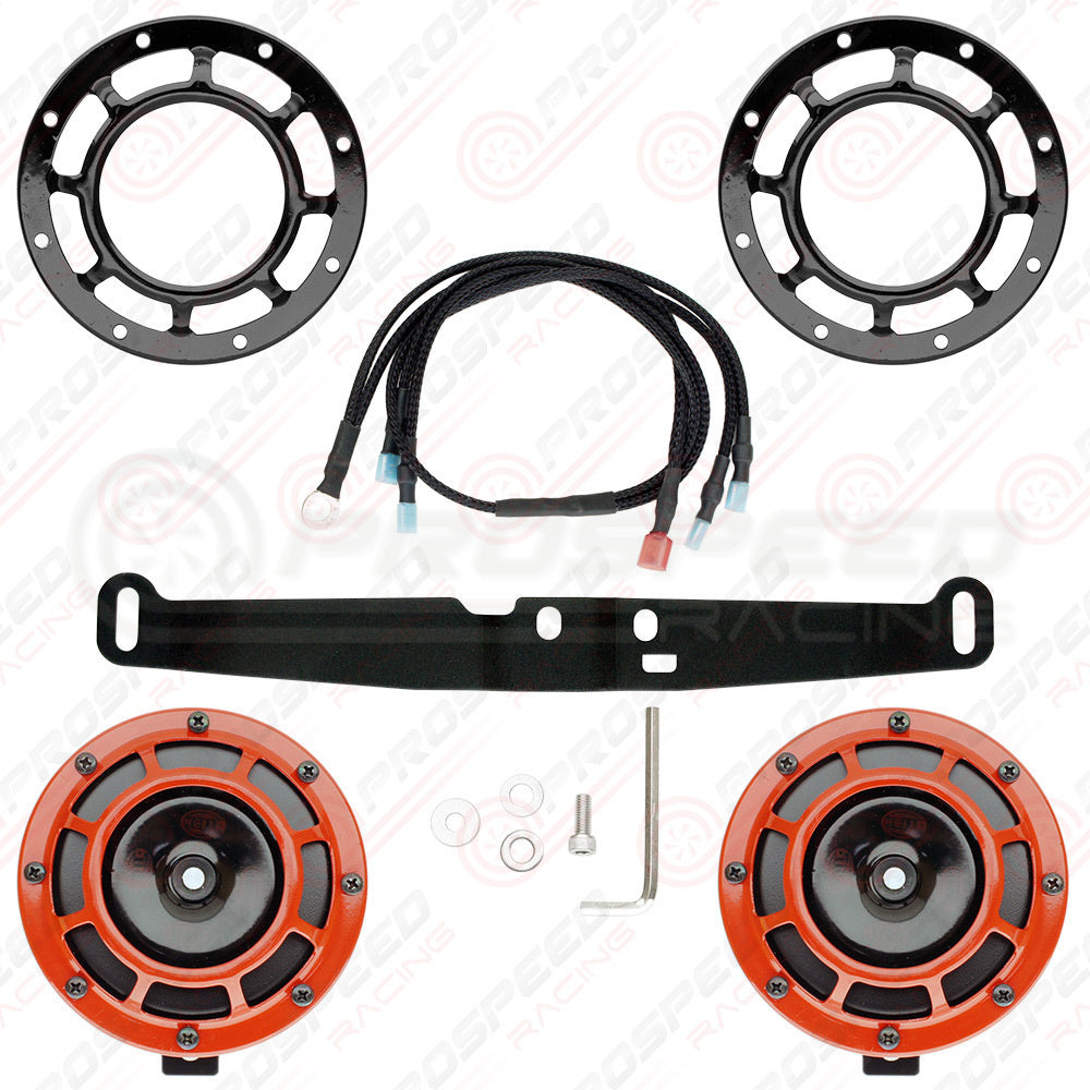 Hella Genuine Supertone Red Horn PAIR w/PSR Coloured Covers, Harness & Bracket