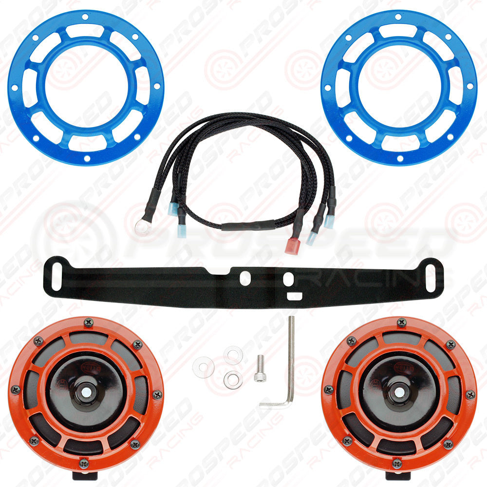 Hella Genuine Supertone Red Horn PAIR w/PSR Coloured Covers, Harness & Bracket