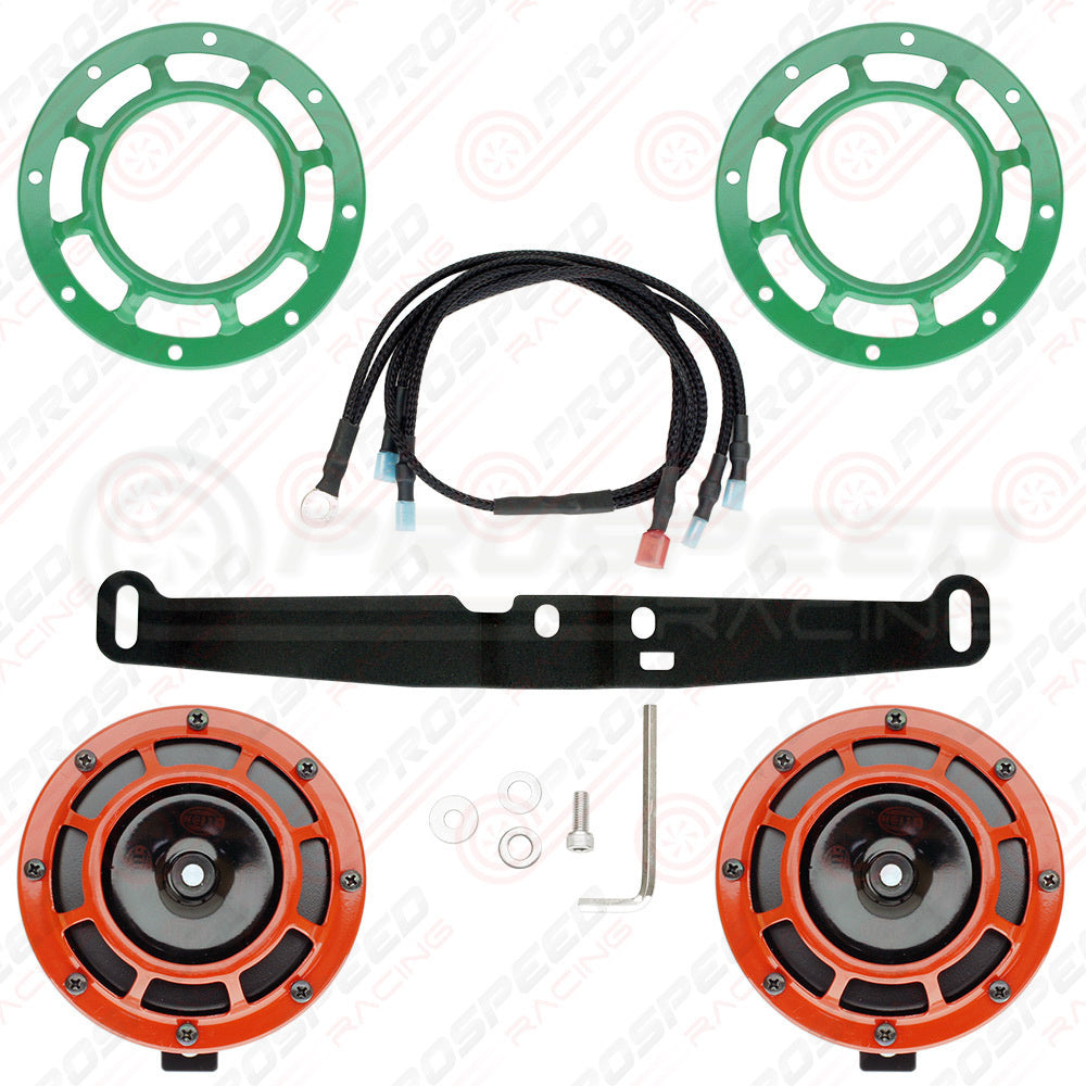 Hella Genuine Supertone Red Horn PAIR w/PSR Coloured Covers, Harness & Bracket