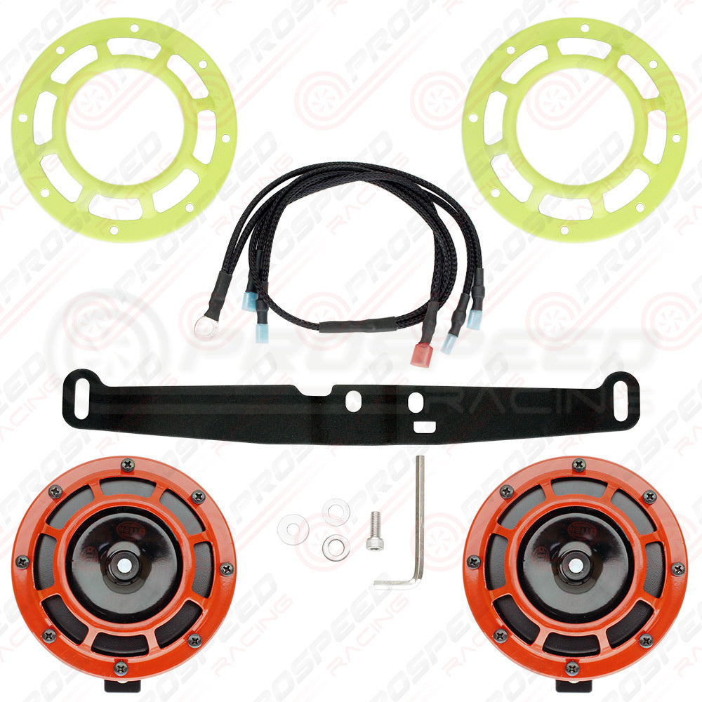Hella Genuine Supertone Red Horn PAIR w/PSR Coloured Covers, Harness & Bracket