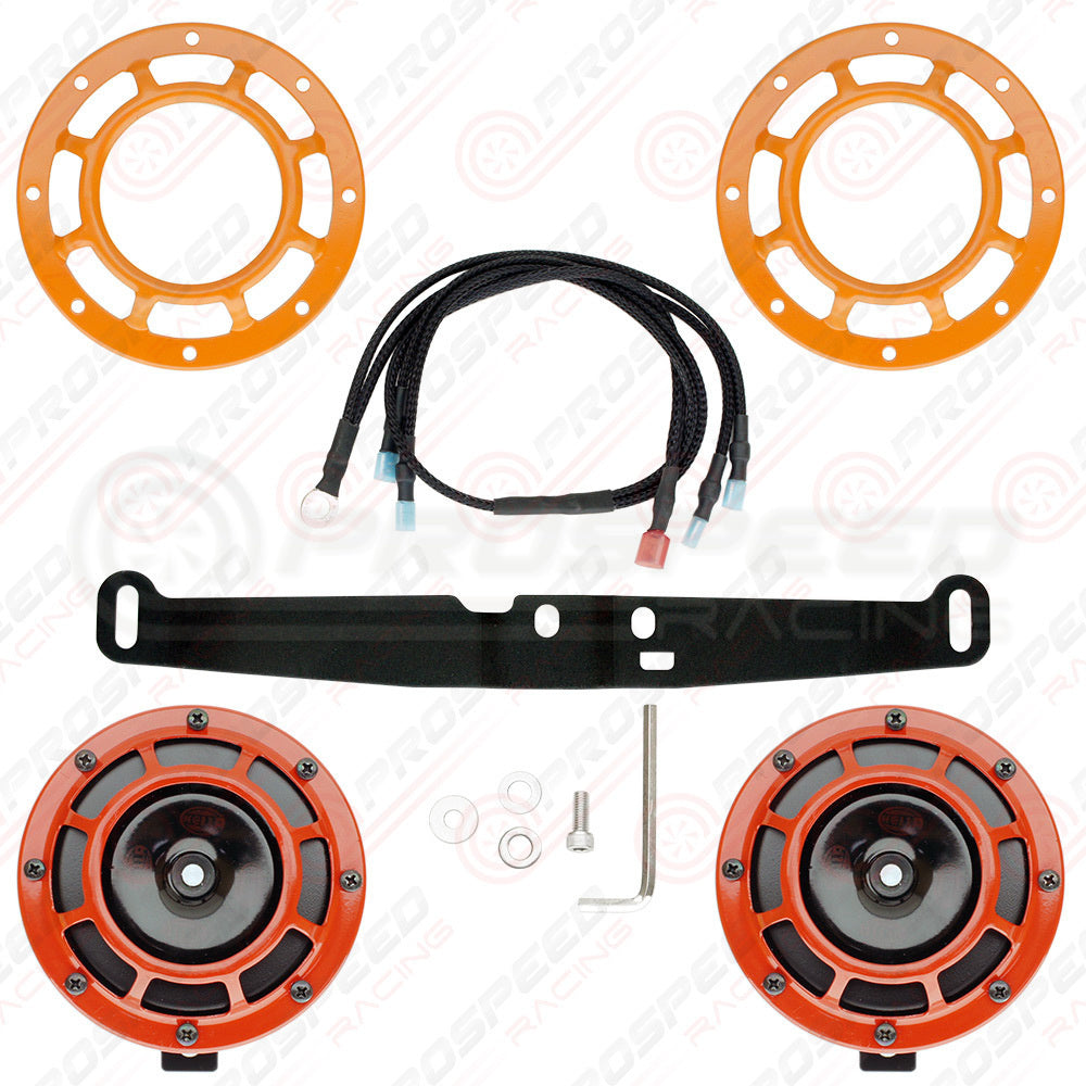Hella Genuine Supertone Red Horn PAIR w/PSR Coloured Covers, Harness & Bracket