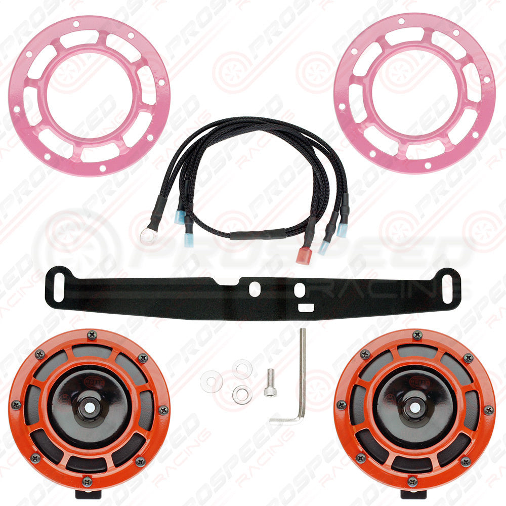Hella Genuine Supertone Red Horn PAIR w/PSR Coloured Covers, Harness & Bracket