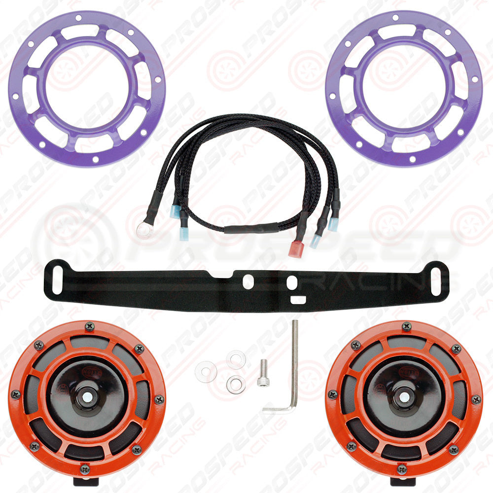Hella Genuine Supertone Red Horn PAIR w/PSR Coloured Covers, Harness & Bracket