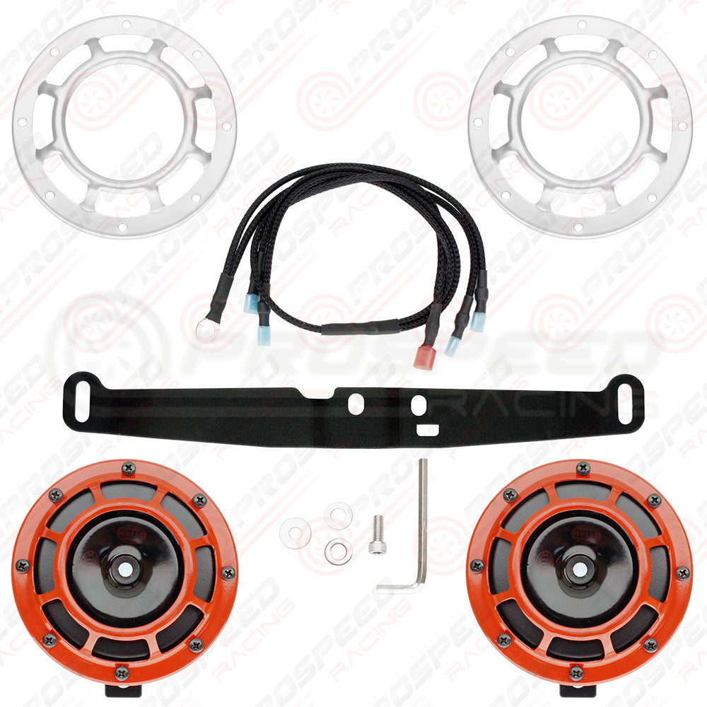 Hella Genuine Supertone Red Horn PAIR w/PSR Coloured Covers, Harness & Bracket