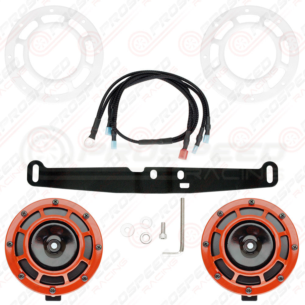 Hella Genuine Supertone Red Horn PAIR w/PSR Coloured Covers, Harness & Bracket