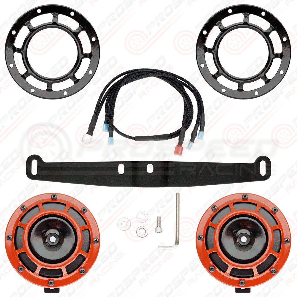 Hella Genuine Supertone Red Horn PAIR w/PSR Coloured Covers, Harness & Bracket