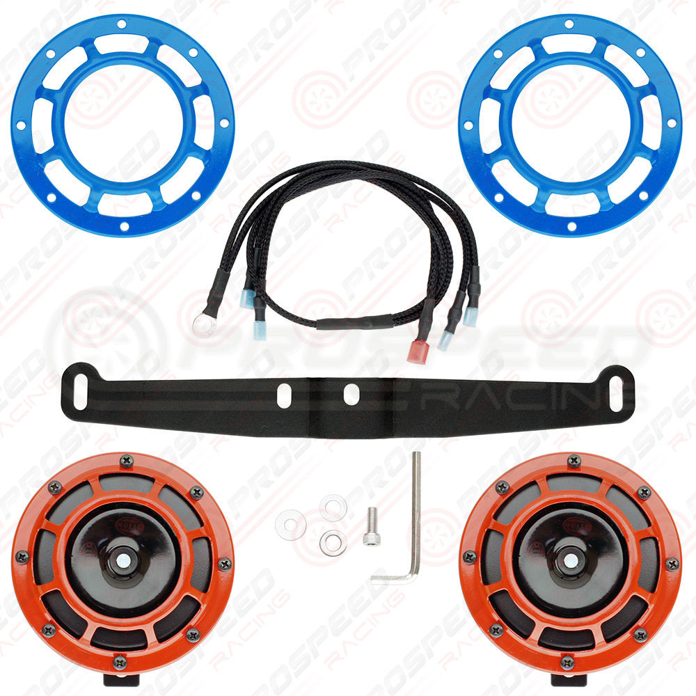 Hella Genuine Supertone Red Horn PAIR w/PSR Coloured Covers, Harness & Bracket
