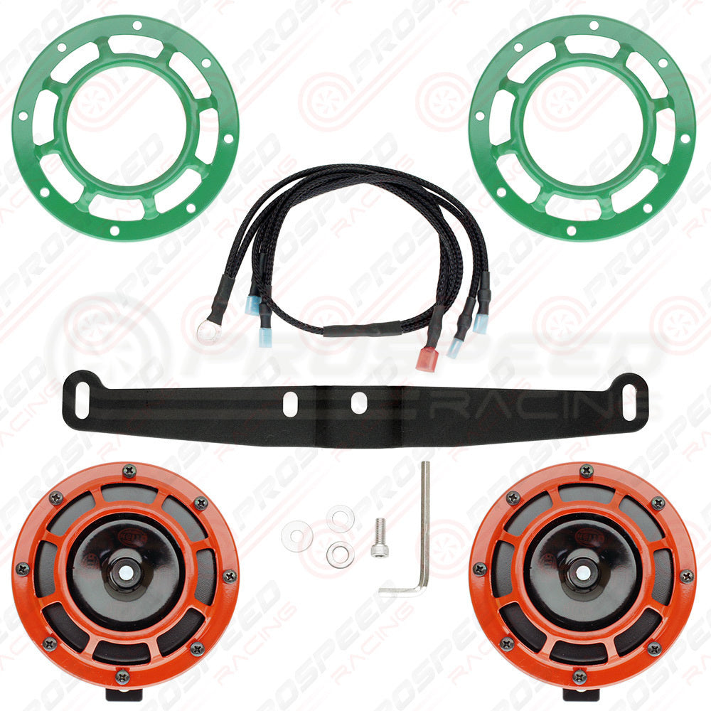 Hella Genuine Supertone Red Horn PAIR w/PSR Coloured Covers, Harness & Bracket