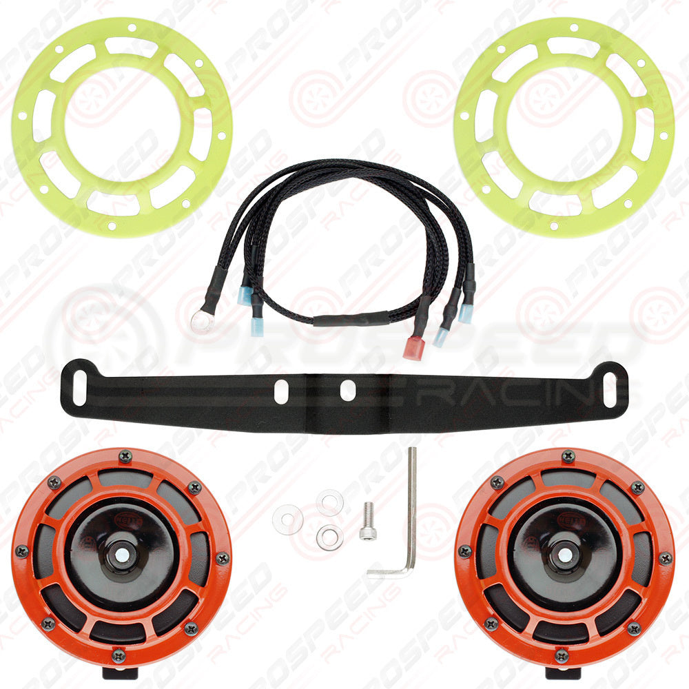 Hella Genuine Supertone Red Horn PAIR w/PSR Coloured Covers, Harness & Bracket