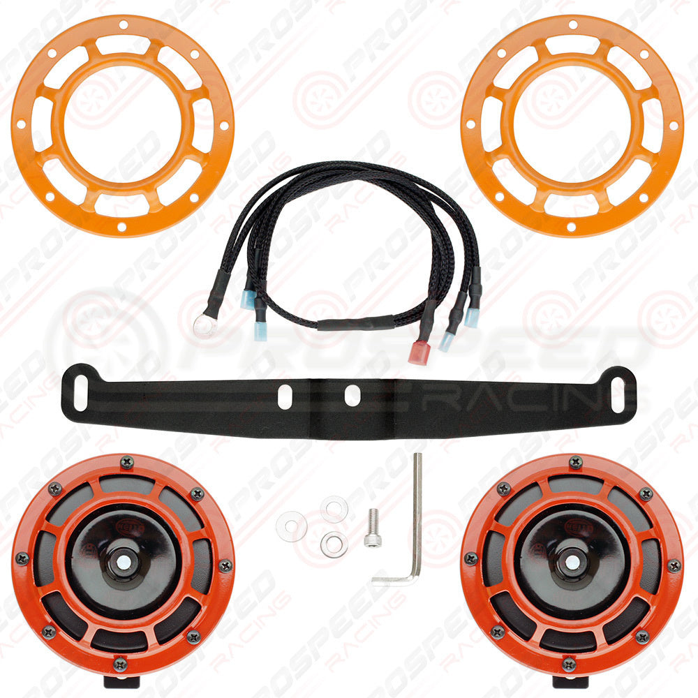 Hella Genuine Supertone Red Horn PAIR w/PSR Coloured Covers, Harness & Bracket