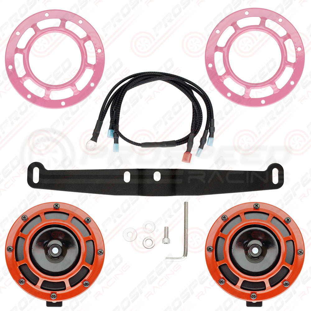 Hella Genuine Supertone Red Horn PAIR w/PSR Coloured Covers, Harness & Bracket