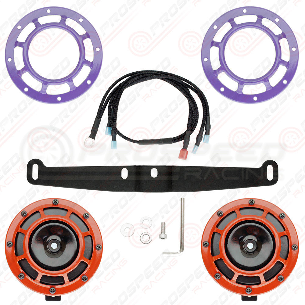Hella Genuine Supertone Red Horn PAIR w/PSR Coloured Covers, Harness & Bracket
