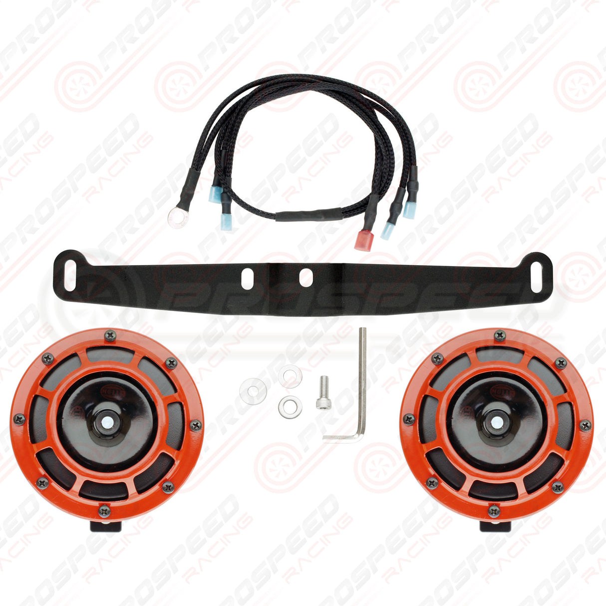 Hella Genuine Supertone Red Horn PAIR w/PSR Coloured Covers, Harness & Bracket