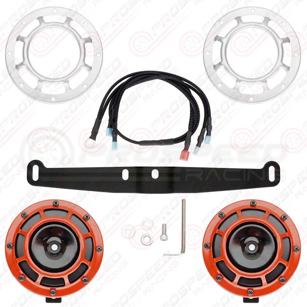 Hella Genuine Supertone Red Horn PAIR w/PSR Coloured Covers, Harness & Bracket