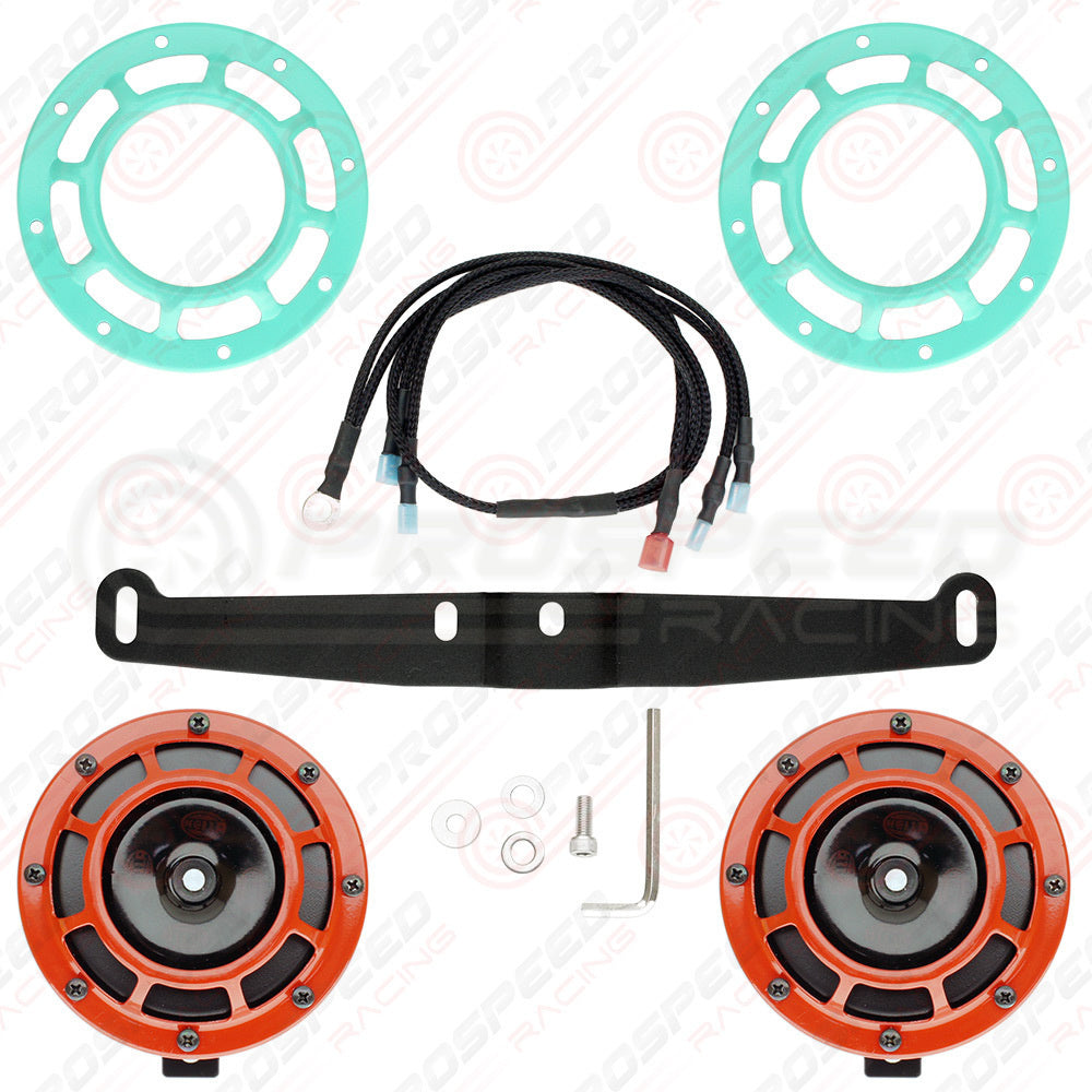 Hella Genuine Supertone Red Horn PAIR w/PSR Coloured Covers, Harness & Bracket