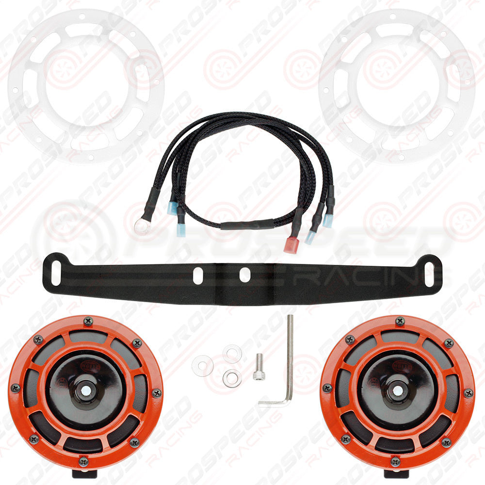 Hella Genuine Supertone Red Horn PAIR w/PSR Coloured Covers, Harness & Bracket