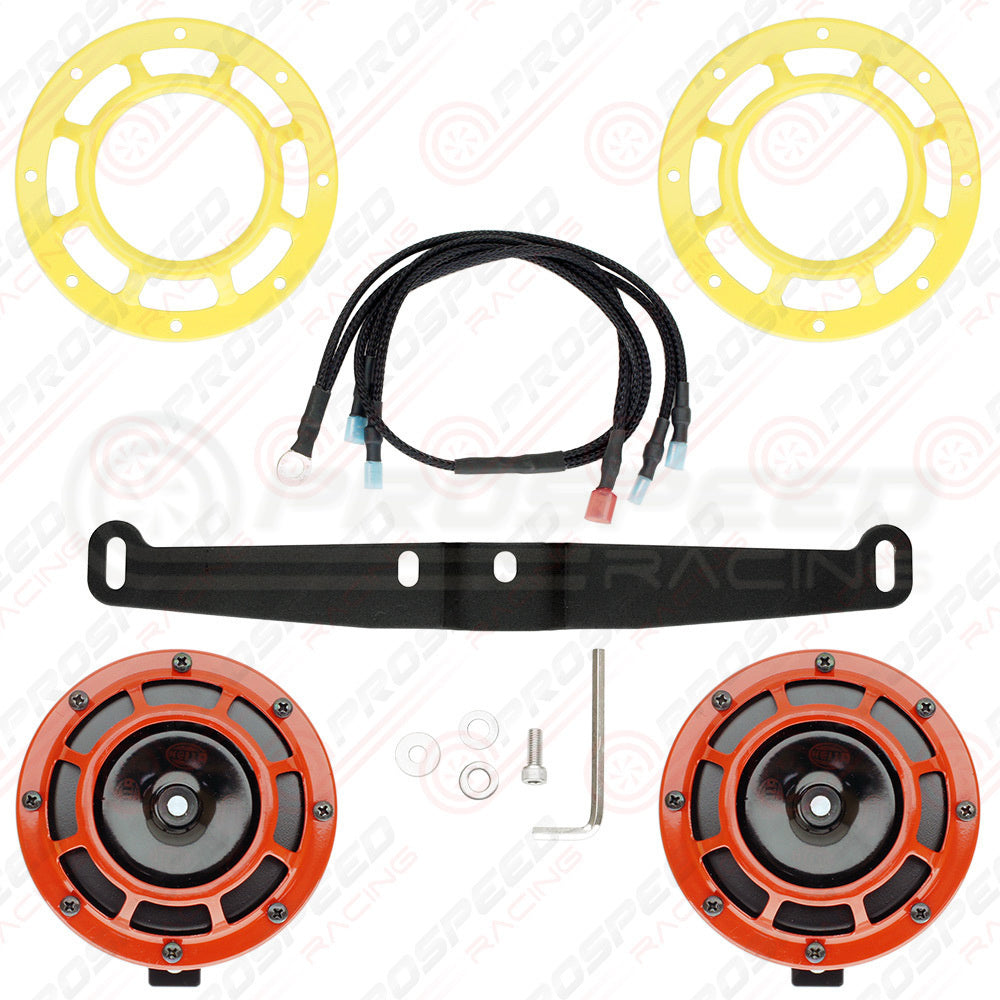 Hella Genuine Supertone Red Horn PAIR w/PSR Coloured Covers, Harness & Bracket