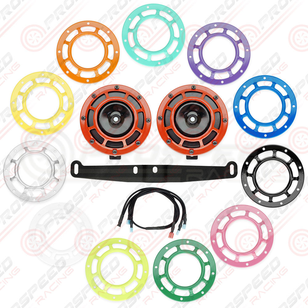 Hella Genuine Supertone Red Horn PAIR w/PSR Coloured Covers Harness & Bracket - Subaru WRX/STI