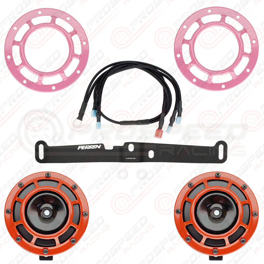 Hella Genuine Supertone Red Horn PAIR w/PSR Coloured Covers, Harness & Bracket