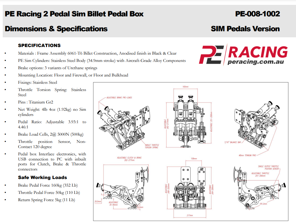 PE Racing Load Cell Sim Racing Pedals Kit - Professional Driver Training