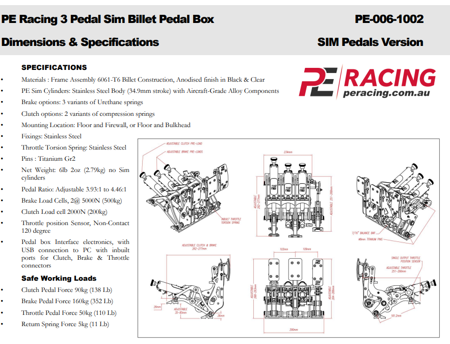PE Racing Load Cell Sim Racing Pedals Kit - Professional Driver Training