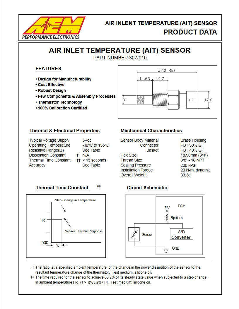 AEM Air Temp Sensor with 3/8" NPT Male Thread